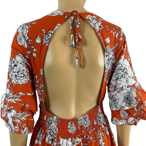 Women Boho Dress Medium M Orange White Floral Hem Ruffled Backless Elastic Waist - Picture 9 of 16